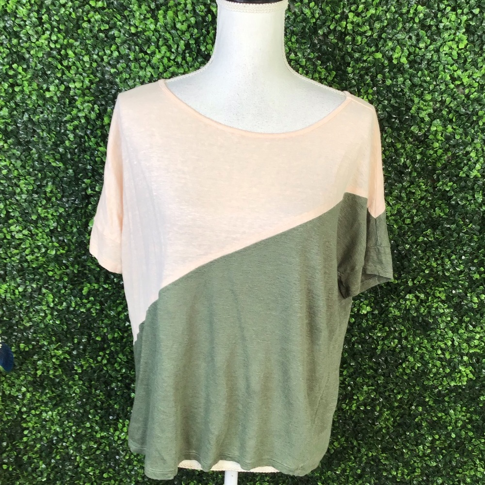 Nwot Bordeaux 100% linen Colorblock Women's Top -‎ Pink and Green